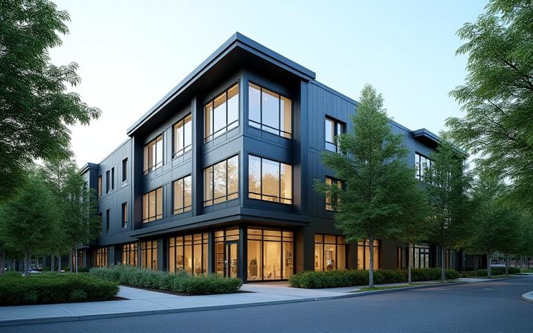 Exterior view of Canopy Clear's modern office building in Portland, OR, with lush PNW greenery in the background.