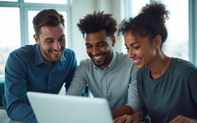 Professionals collaborating on computers in a modern Portland office