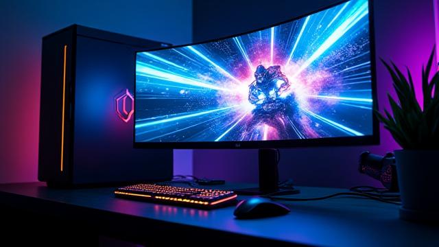 A high-performance gaming setup with vibrant RGB lighting and a sleek monitor displaying a fast-paced game, emphasizing speed and smooth visuals.