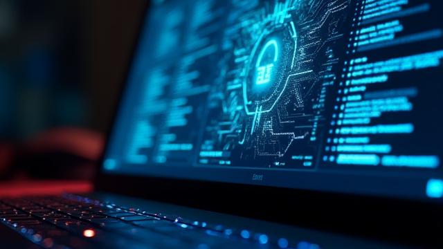 Close-up of a keyboard with distorted, glitchy screen reflections, indicating a computer virus.